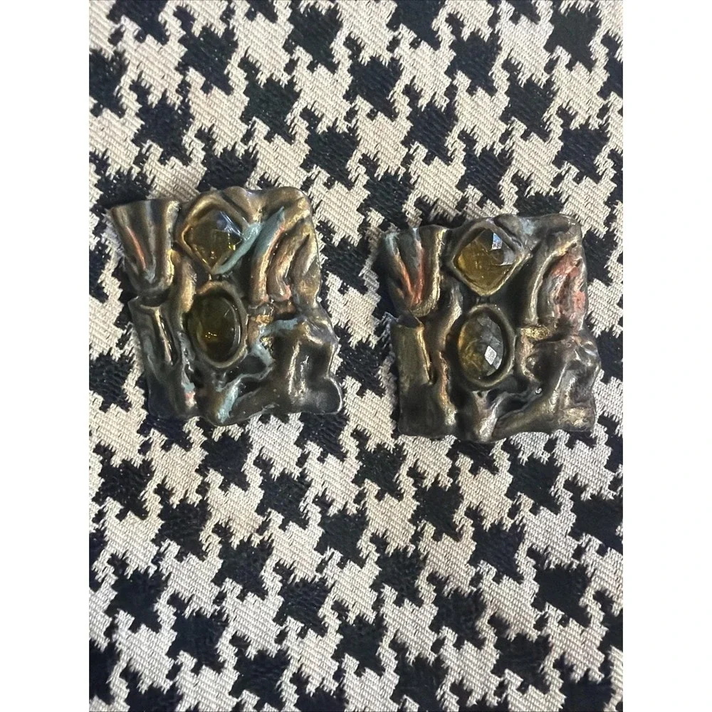 1980s Brutalist Clip On Earrings Mixed Metal Sculptural Statement 1.25